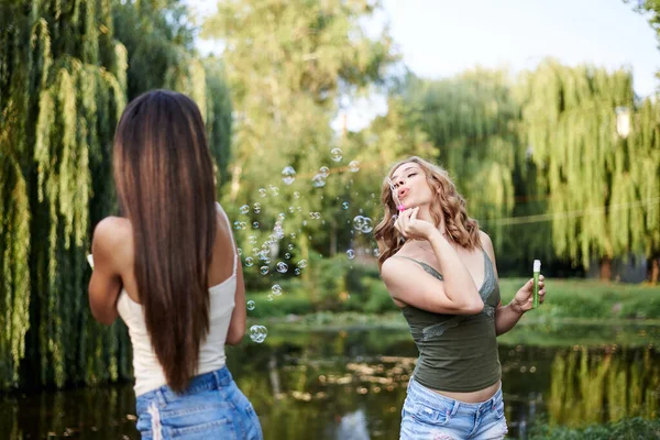 Dos Hermanas Soplándose Burbujas Jabón Parque Riendo Sonriendo Chicas Guapas — Foto de Stock