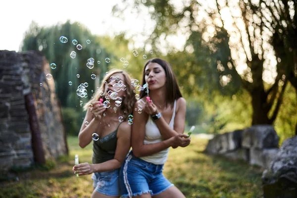 Dos Hermanas Soplando Burbujas Jabón Parque Chicas Guapas Jóvenes Con — Foto de Stock