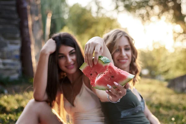 两个姐姐 夏天在城市公园野餐 照片中漂亮的女孩 最好的朋友 拿着西瓜 外面是夏天的闲暇时间积极的生活方式 — 图库照片