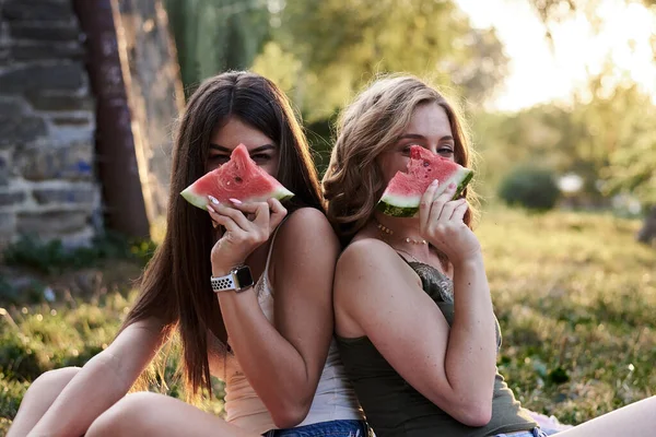 Dos Hermanas Disfrutando Picnic Parque Ciudad Verano Imagen Cerca Chicas — Foto de Stock