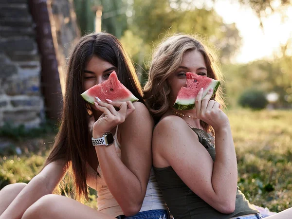 Dos Hermanas Disfrutando Picnic Parque Ciudad Verano Imagen Cerca Chicas — Foto de Stock