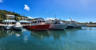 St. John / US Virgin Adaları-Mar 14 2017: Rıhtımda tropikal ada kıyılarına demirlemiş küçük tekne ve yatlarla görüntülenir. Turkuaz su ve mavi gökyüzüyle rıhtımın doğal ortamını dolaşın. Deniz yolculuğu