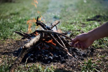 Ternopil / Ukrayna-Apr 04 2020: Kuru dallardan yapılmış şenlik ateşinin yakın plan resmi, yazın güneşli havalarda dışarıda yeşil çimlerin üzerinde. Elin, ahşap sopayı tutuyor. Ormandaki şömineyi tamir etmek.
