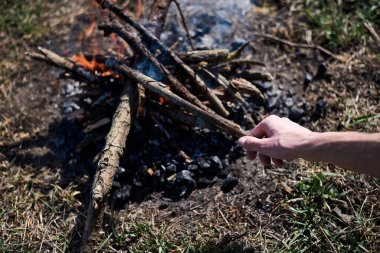 Ternopil / Ukrayna-Apr 04 2020: Kuru dallardan yapılmış şenlik ateşinin yakın plan resmi, yazın güneşli havalarda dışarıda yeşil çimlerin üzerinde. Elin, ahşap sopayı tutuyor. Ormandaki şömineyi tamir etmek.
