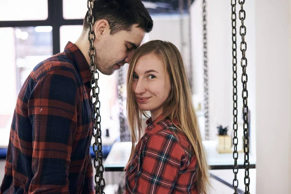 Young Couple Love Wearing Red Checkered Shirts Sitting Swing Coffee — Stock Photo, Image