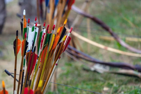 Куча разноцветных луковых стрел для стрельбы из лука. Конкурс лучников, стрельба по цели — стоковое фото