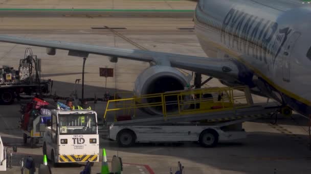 Madryt Hiszpania Grudzień 2019 Personel Lotniska Ładujący Bagaż Płaskowyż Ryanair — Wideo stockowe