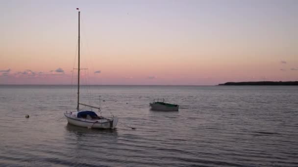 Fishing Boats Docked Pier Shore Sunset Yachts Water Colourful Sunset — Stock Video