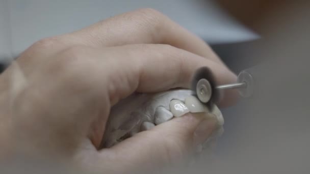 歯科技工士は 人工顎型を歯で保持し 研究室で研磨します プロの作業用具で歯を磨く歯科医 — ストック動画