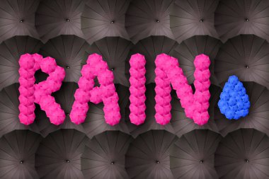 Yağmur konsepti. Koyu arkaplanda şemsiyeyle düzenlenmiş yağmur mektupları. Kötü hava, hiç kimse