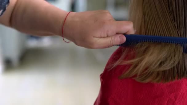 Gros Plan Des Mains Coiffeur Coupant Les Cheveux Bruns Maison — Video