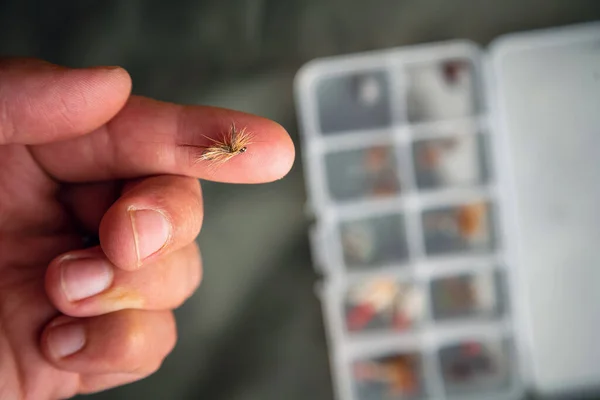 Close Fly Fishing Fly Finger Next Box Tied Flies Fly — Stock Photo, Image