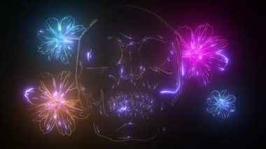 Kafatası profili gül neon tabelasında. Dövme ya da logo tasarımı. Gece aydınlığı tabelası, renkli ilan panosu, açık renk pano