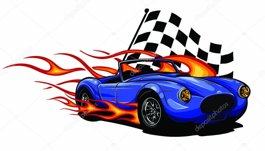 vector illustration Muscle Car with flames and race flag