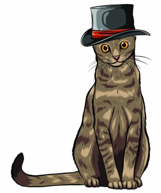 Gri şapkalı, gözlüklü ve papyon resimli komik İngiliz kedi hipster.