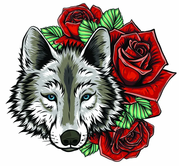 Bordado de lobo y rosas. Parche de aguja de signo animal romántico sobre fondo blanco . — Vector de stock