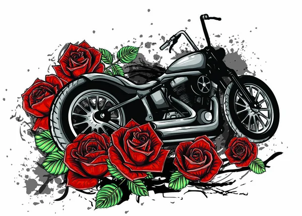 Vettoriale illustazione vintage chopper moto e rose poster — Vettoriale Stock