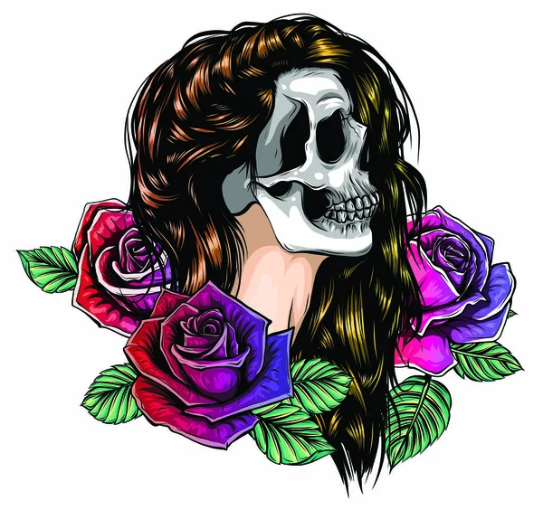 Fille avec squelette faire dessin vectoriel dessiné à la main. Santa muerte femme sorcière portrait illustration de stock Jour de la mort visage art — Image vectorielle