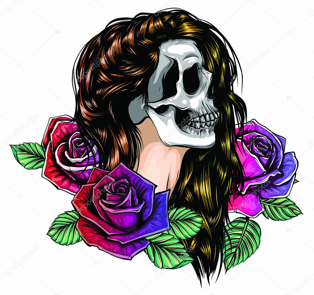 Girl with skeleton make up hand drawn vector sketch. Santa muerte woman witch portrait stock illustration Day of the dead face art