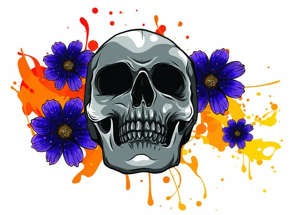 Calavera y flores Día de los Muertos, Vector Vintage ilustración — Vector de stock