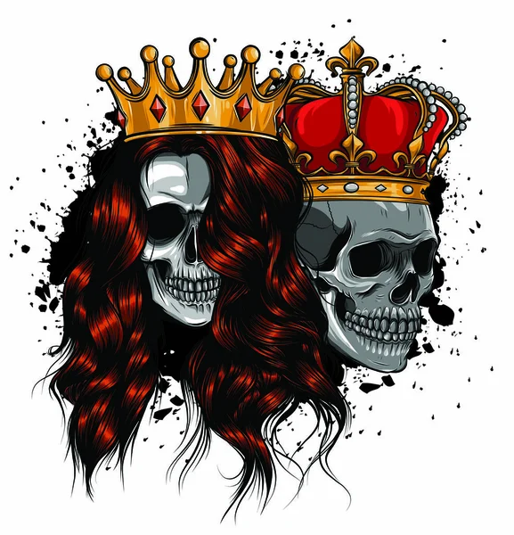 Король и королева смерти. Портрет черепа с короной. — стоковый вектор