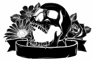 Kafatası. Bıyıklı hippi kafatası silueti ve arka planda kurdele ve gül buketi olan dişlerde ortaya çıktı..