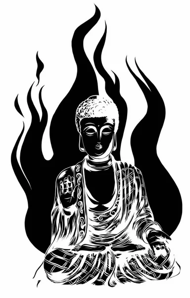 Vector religious icon of buddha statue. Golden Buddha sits and prays in the lotus position. — ストックベクタ