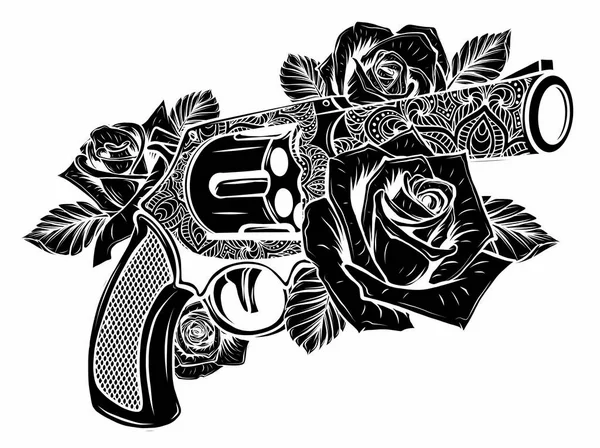 Vector illustration of guns on the flower and ornaments floral with tattoo drawing style — Stock Vector