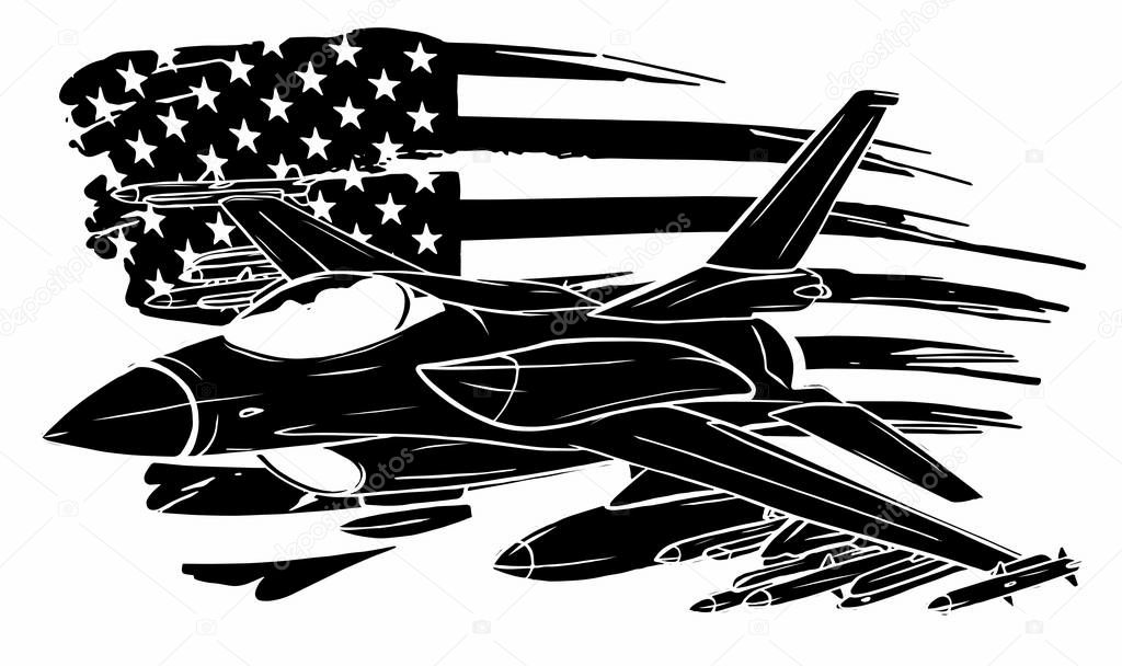 Military plane fired a missile. Fighter jet vector illustration.