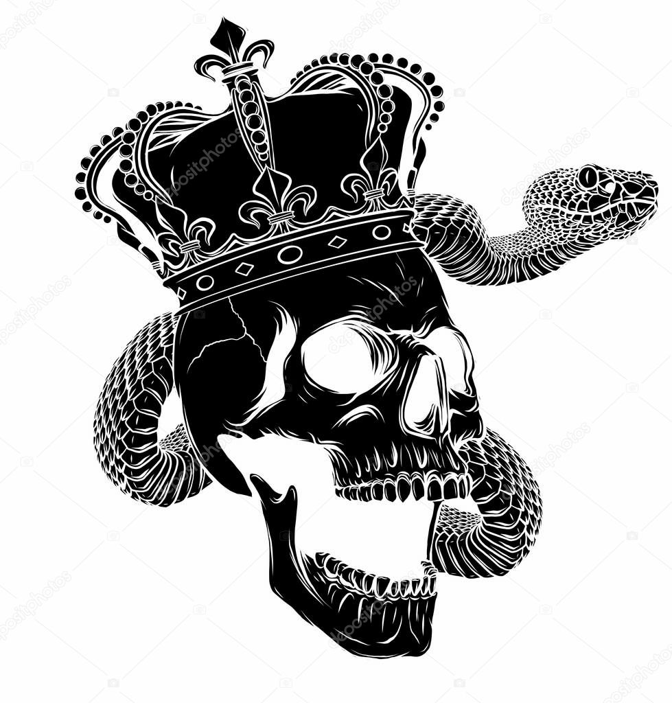 King of death. Portrait of a skull with a crown. Vector rock illustration for your fashion design.