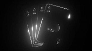 Kart takımları, poker, blackjack, neon ikonlar. Parlayan kumarhane tabelası.
