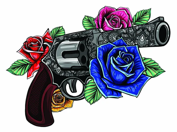 Gambar pistol dengan mawar berwarna - Stok Vektor