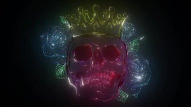 Kafatası taçlandırılmış neon ışığı. Korsan, dövme, iskelet, grafiti. Parlak gece reklamı.