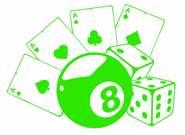 Ases jugando a las cartas con bola número ocho aislada sobre fondo blanco — Vector de stock