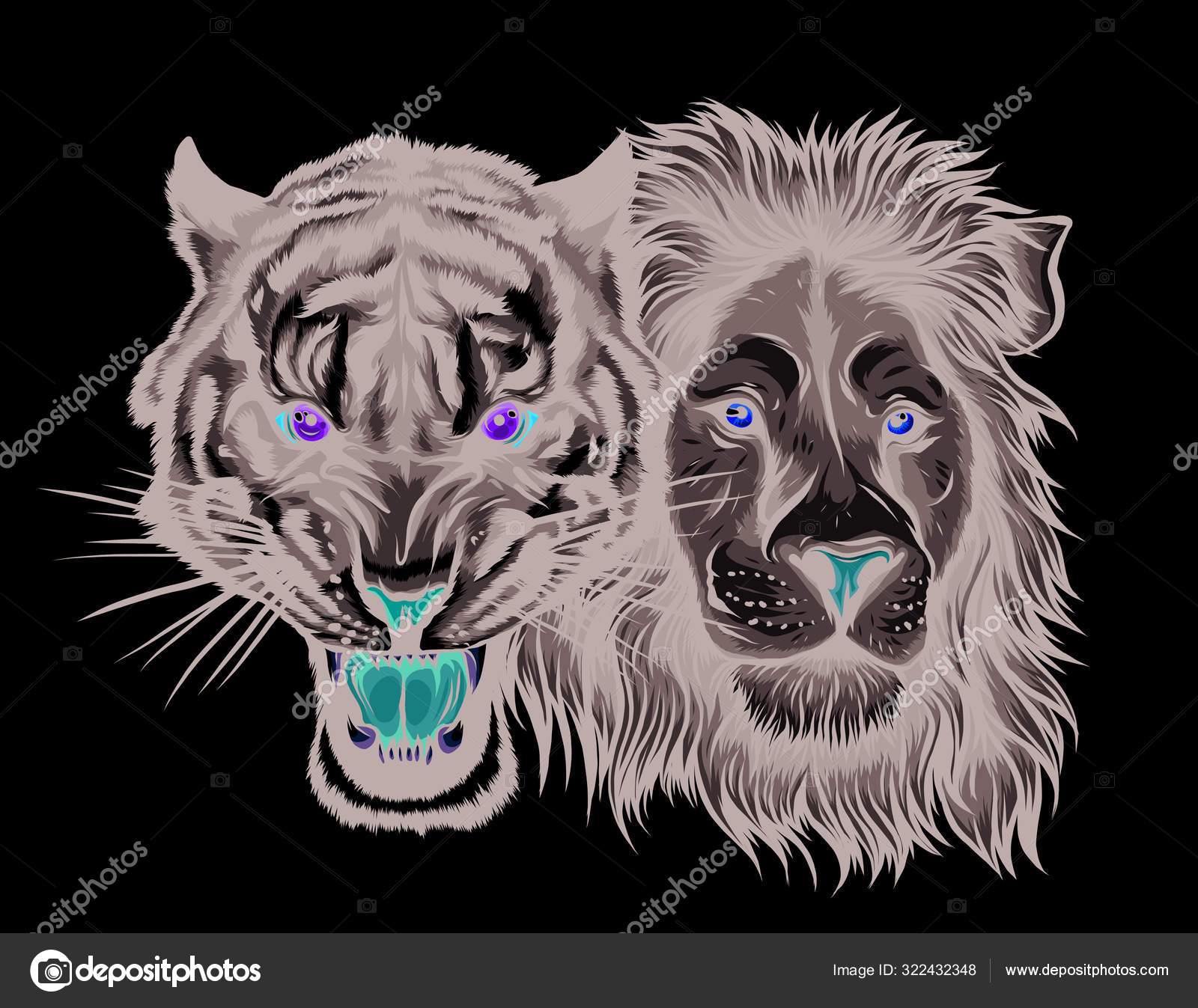 Broderier, fargerike mønstre med løve, japansk tiger, leopard . stockvektor  © deanzangir@gmail.com #322432348, image size:1600x1347