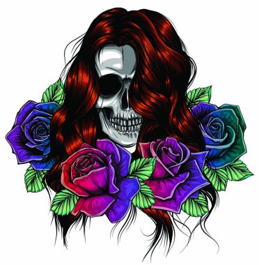 İskeleti olan kız el yapımı vektör çizimi. Santa Muerte kadın cadı portresi.