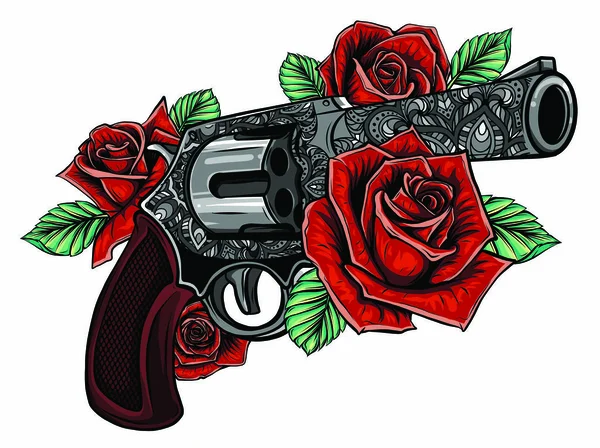 带纹身画风的花卉和装饰品上枪支的矢量图解 — 图库矢量图片