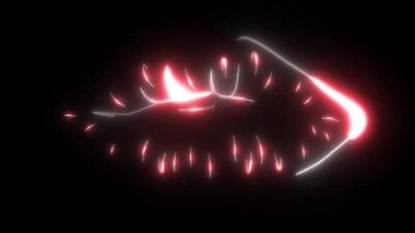 Kırmızı dudaklar siyah arkaplanda izole edilmiş retro simgeyi ısırıyor.
