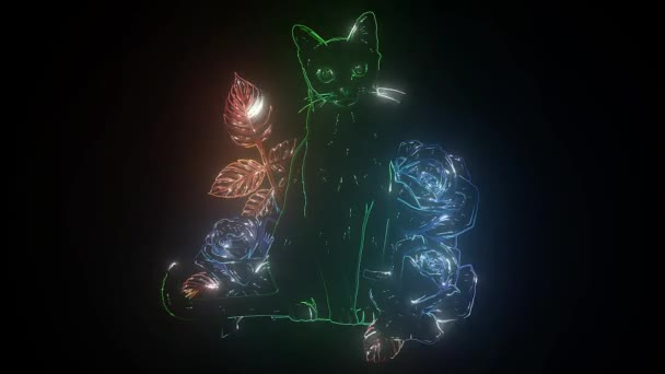 Gatto con gli occhi verdi segno al neon. Gatto viola scuro con occhi verdi incandescenti. Notte pubblicità luminosa . — Video Stock