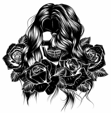 İskeleti olan kız el yapımı vektör çizimi. Santa Muerte kadın cadı portresi.