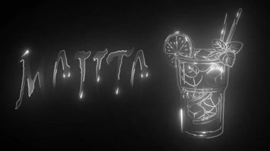 Bir bardak mojito, buz küpleri, nane yaprakları, limon dilimi ve tam limon. El çizimi alkol kokteyli. Çizgi film tarzında illüstrasyon. Yaz yeşili içecek. Soğuk mojito kokteyli posteri..