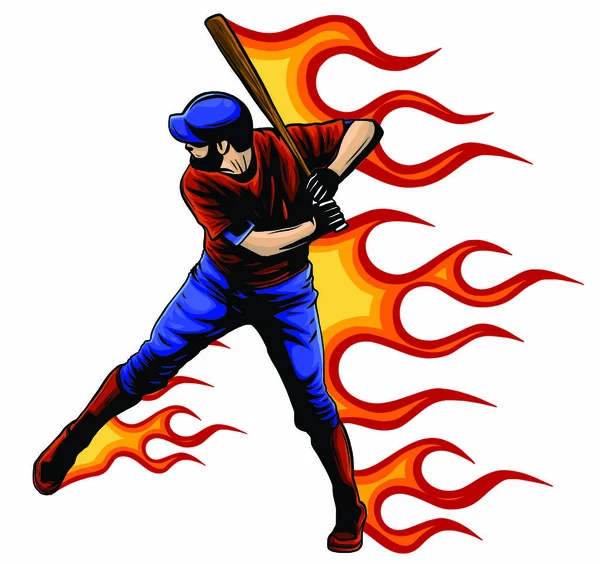 Ilustración de un jugador de béisbol americano bateando estilo de dibujos animados aislado en blanco con la bola en llamas en el fondo . — Archivo Imágenes Vectoriales