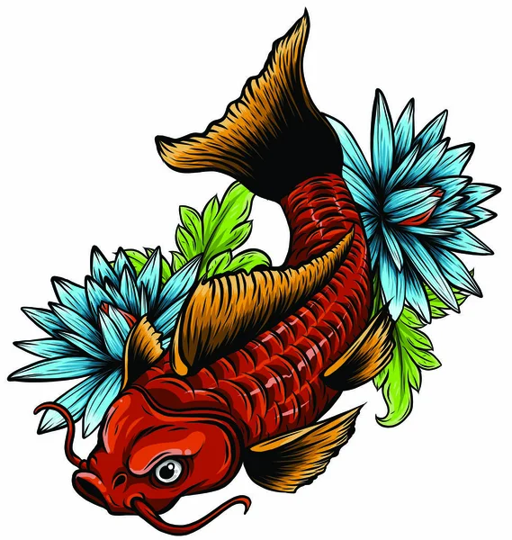 Esquema dibujado a mano Koi peces y salpicaduras de agua tatuaje japonés — Vector de stock