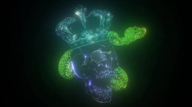 Kafatası taçlandırılmış neon ışığı. Korsan, dövme, iskelet, grafiti. Parlak gece reklamı.