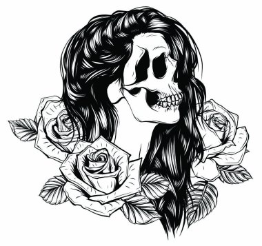 İskeleti olan kız el yapımı vektör çizimi. Santa Muerte kadın cadı portresi Ölü Yüz Sanatı Günü
