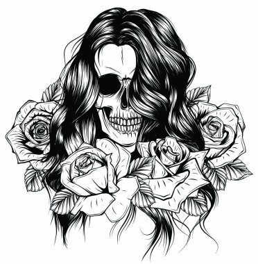 İskeleti olan kız el yapımı vektör çizimi. Santa Muerte kadın cadı portresi.