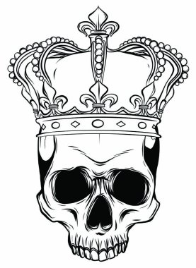 Taç takan el çizimi kral kafatası. Vektör illüstrasyonu