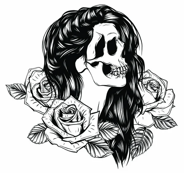 Flicka med skelett utgör handritad vektorskiss. Santa Muerte kvinna häxa porträtt stock illustration Dag av döda ansikte konst — Stock vektor