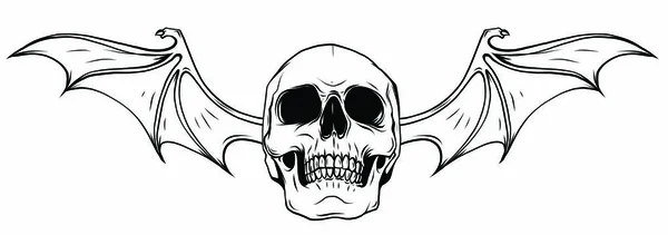 Crâne croqué avec ailes de chauve-souris Illustration graphique vectorielle noir et blanc Icône — Image vectorielle