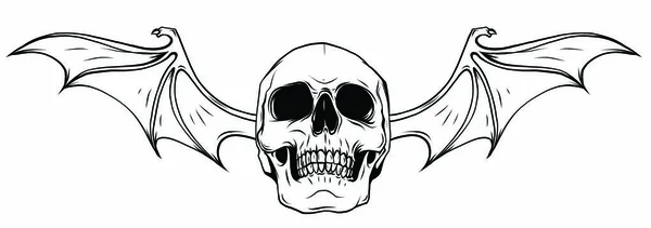 Calavera con colmillos con alas de murciélago Icono de ilustración gráfica vectorial en blanco y negro — Vector de stock